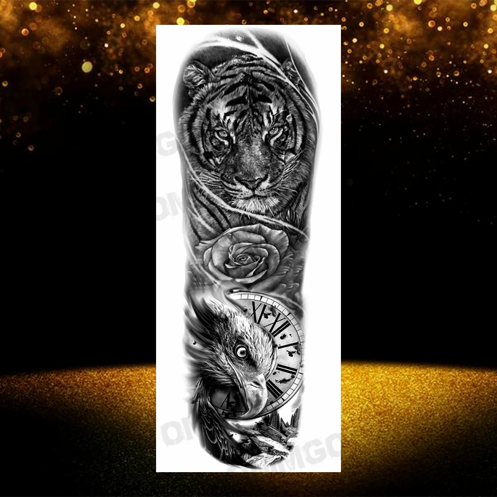 Black Tiger Rose Flower Temporary Tattoos For Women Adult Realistic Wolf Lion Warrior Fake Tattoo Sticker Waterproof Thigh Tatoo