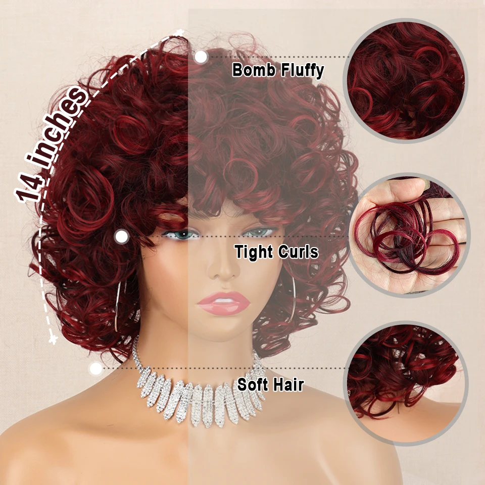 Short Curly Wigs for Black Women Soft Black to Red Big Curly Wig with Bangs Afro Loose Cute Curls Heat Resistant Synthetic Wig