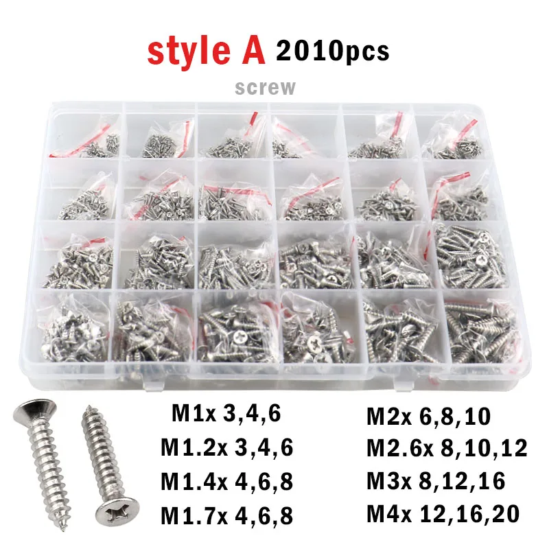 M1 M1.2 M1.4 M1.7 M2 M3 M4 Self Tapping Wood Screw 304 Stainless Steel Phillips Flat Countersunk head Thread Nail Screw Sets