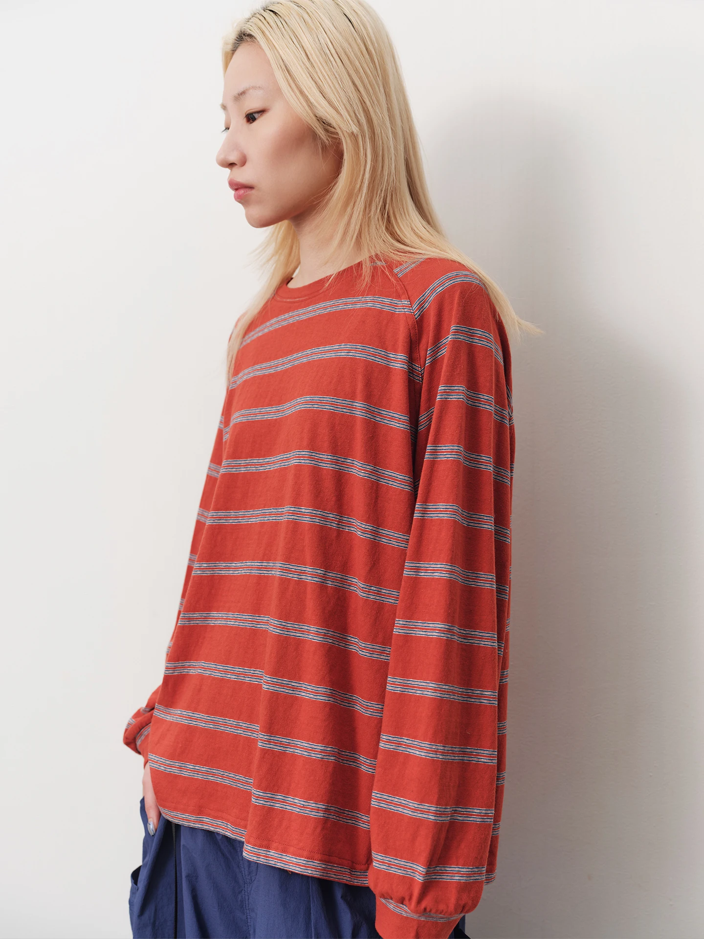 

Eco-Friendly Cotton Casual round Neck Loose T-Shirt Shoulder Sleeve Insert Stripe Pattern Women's Spring Fashion T-Shirt