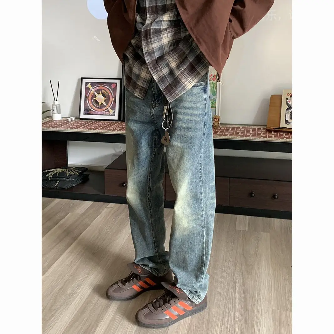 Korean Popular Clothes Spring 2026 Streetwear Clothing Washed Vintage Straight Jeans Men Street Retro Baggy Casual Long Pants