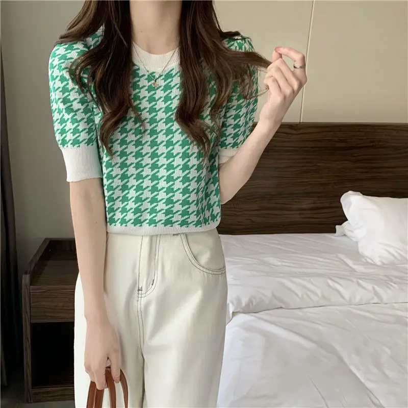 Summer New Round Neck Striped Houndstooth Knitting Tee Women Casual Fashion All-match Waist Pullover Top Female Vintage T-shirt