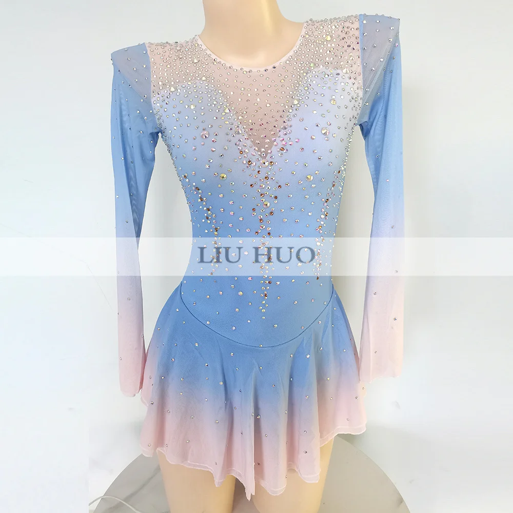 LIUHUO Ice Dance Figure Skating Dress Women Adult Girl Teen Customize Costume Performance Competition Leotard Gradient Blue Pink