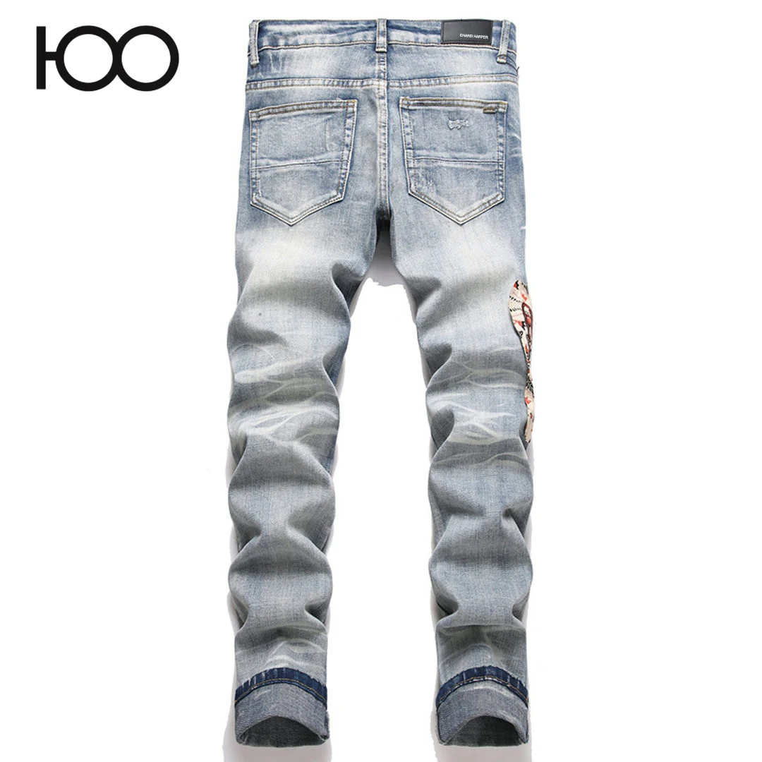 S3865   100 charareiharper  Men's jeans new slim fit elastic perforated patch embroidered fashionable men's small leg jeans