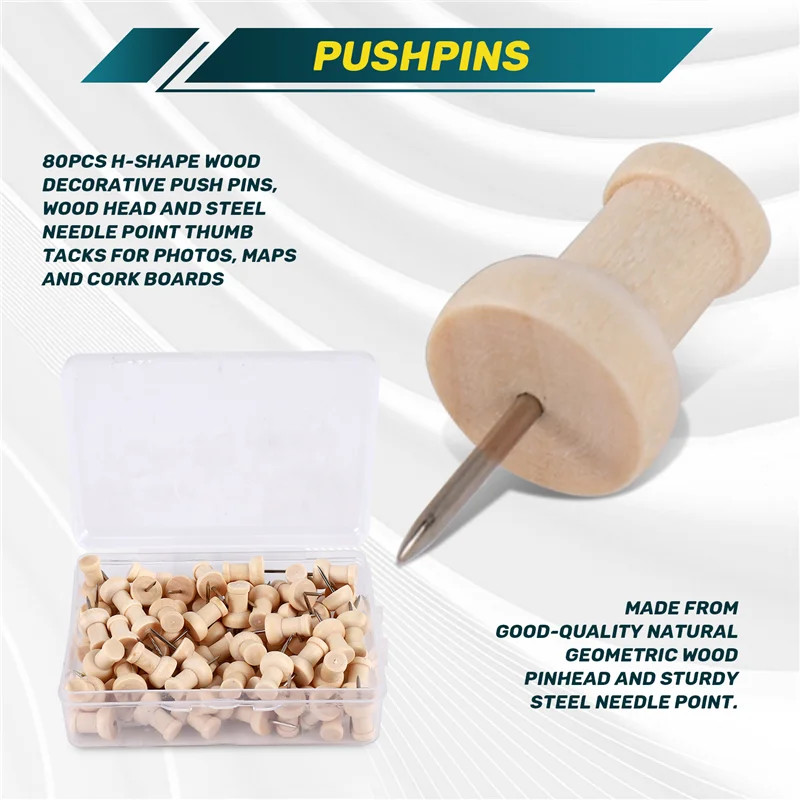 Advanced 80Pcs H-Shape Wood Decorative Push Pins, Wood Head And Steel Needle Point Thumb Tacks For Photos, Maps And Cork Boards