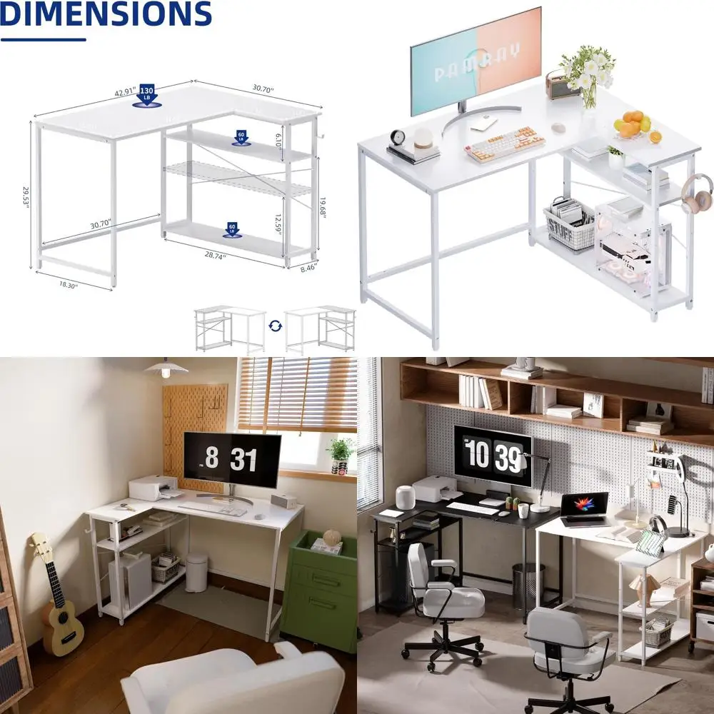 

Белый L-образный стол 43 дюйма с двусторонним хранилищем для хранения вещей для небольшого домашнего офиса или спальни