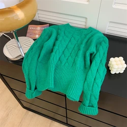 Korean Winter Autumn Women Round Neck Green Solid Cashmere Sweater High Quality Twist Long Sleeve Knitted Pullovers Top F827