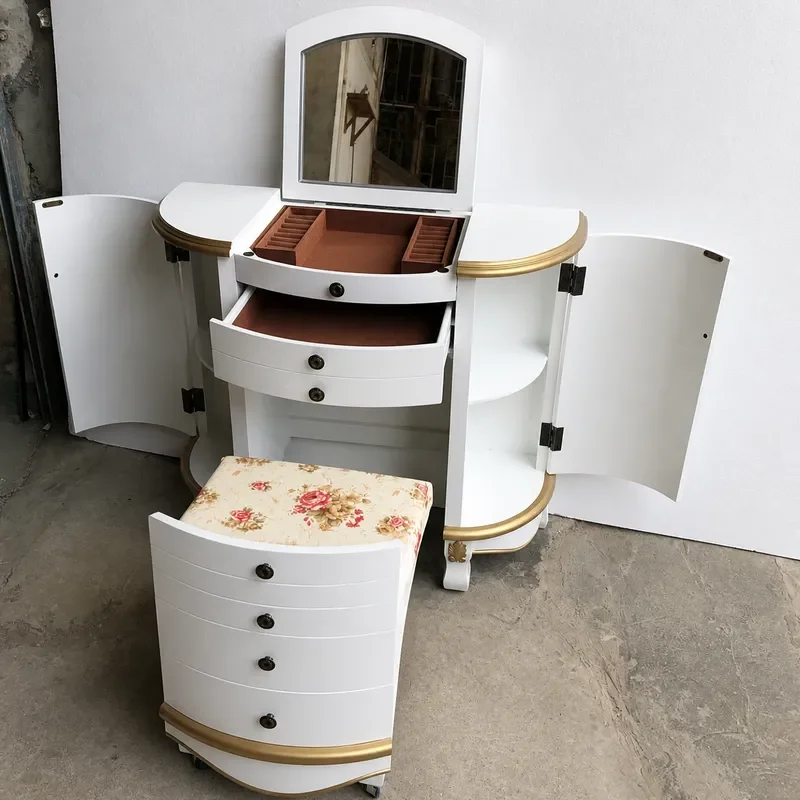 American Style Flip Folding Solid Wood Dresser Makeup Table with Pastoral Painting Semicircular Design for Bedroom Storage