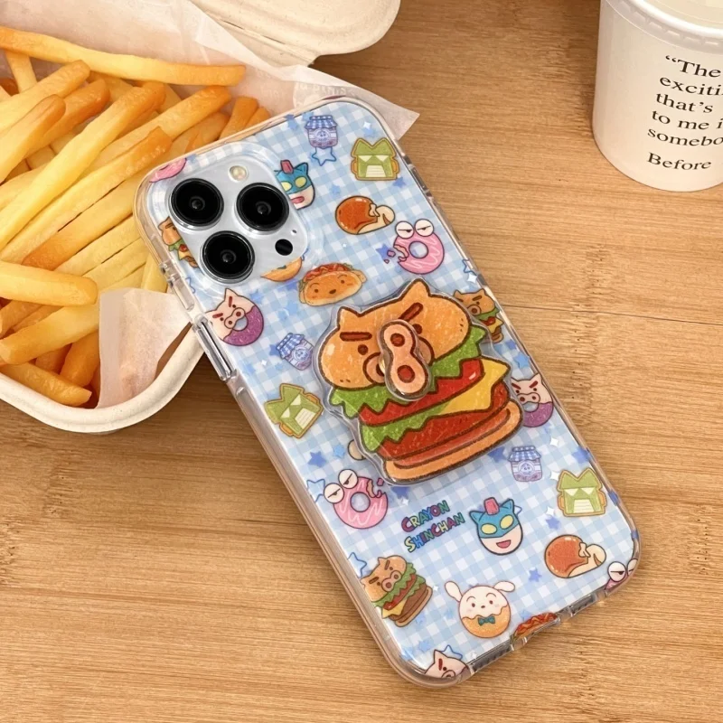 

Cute Anime Cartoon Crayon Shin-chan Buriburizaemon Funny hamburger Holder phone Case For iPhone 13 14 15 16 Pro Max Cover