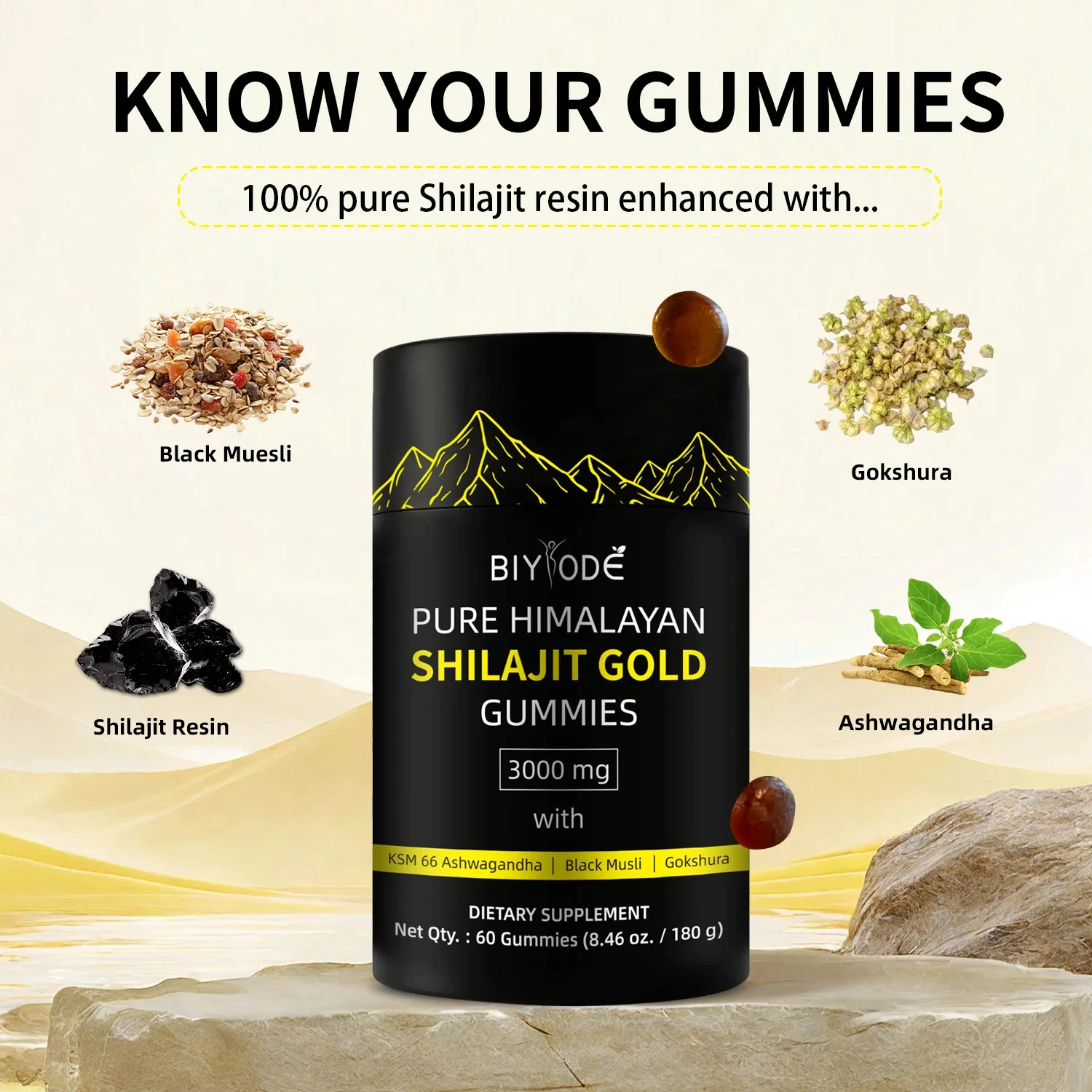 Pure Himalayan Shilajit Gold Gummies 3000mg for Men and Women,Energy and Immune System,Minerals Supplement,60 Count - Image 3