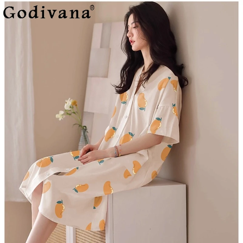 

M-5XL Nightdress Girl Summer Ice Loose Sexy Printed Cardigan Pajamas 2025 New Sweet V-neck Simple Comfortable Thin nightdress
