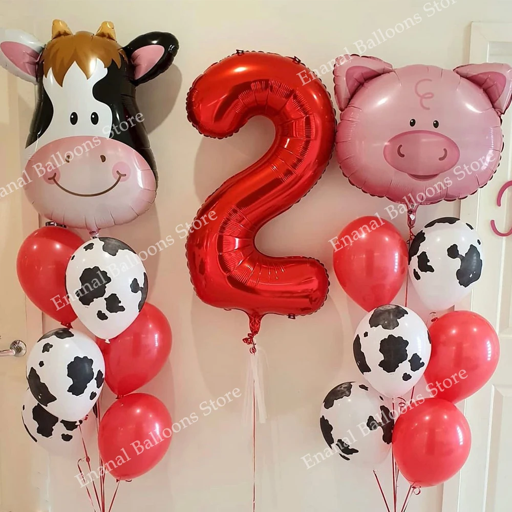 16pcs Farm Theme Cow Pig Animal Print Number Balloons Kids Boys 1 2 3 4 5th Birthday Party Decoration Baby Shower Helium Balloon