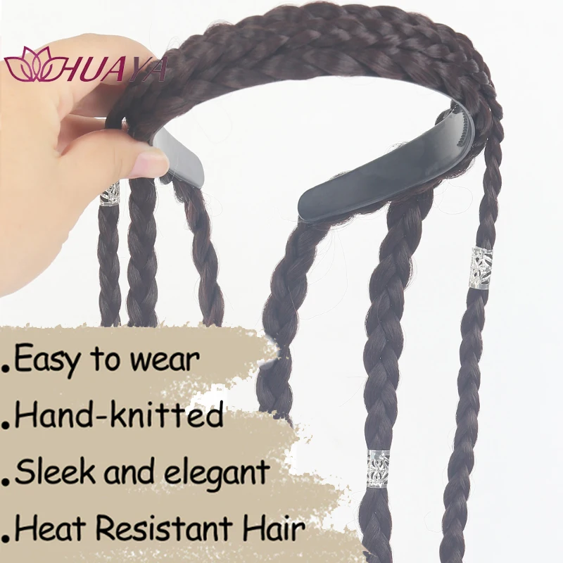 Boho Long Braids Wig Headband, High‑Temp Synthetic Hair Hoop Silver Decor Festival Cosplay Hair Accessory