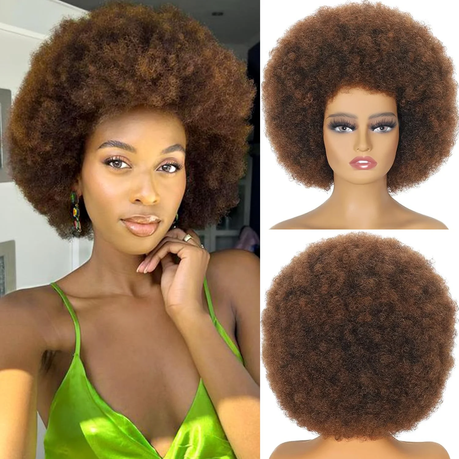 Synthetic Afro Curly Wig with Bangs for Women, Mix Brown Kinky Short Cosplay Party Hair, Natural Look Bouncy Synthetic Costume