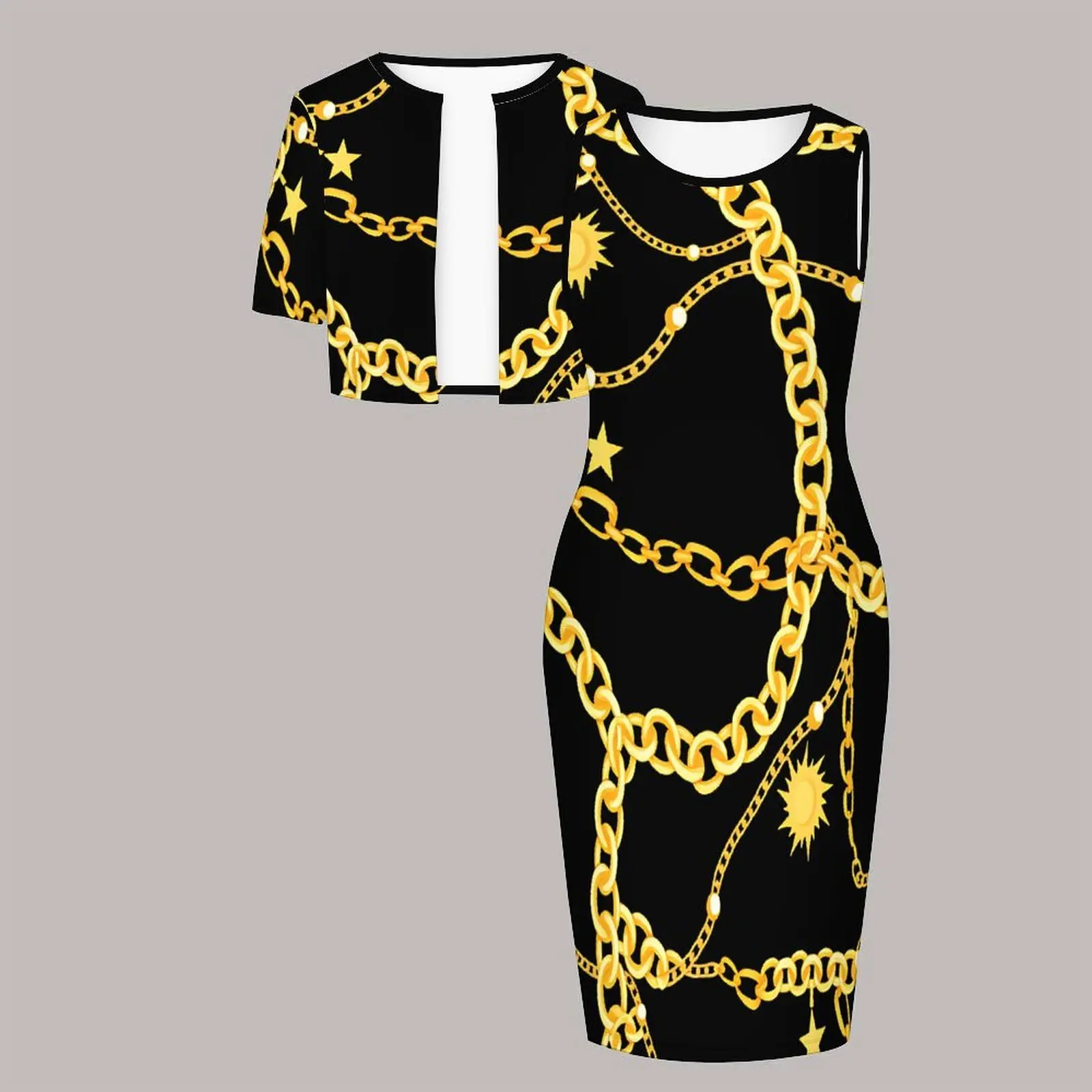 Traje de Talla Grande para Mujer, Top de Moda, Vestido Estampado, Atuendo Elegante para Invitadas de Boda, Conjunto de Dos Piezas con Cuello Redondo, Abrigo de Manga Corta