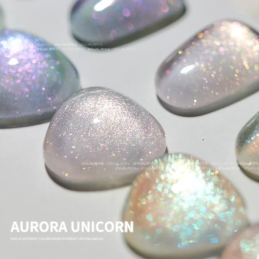 Auroraユニコーンネイルパウダー,白いビーズ,超軽量,キラキラ,6個,15ml