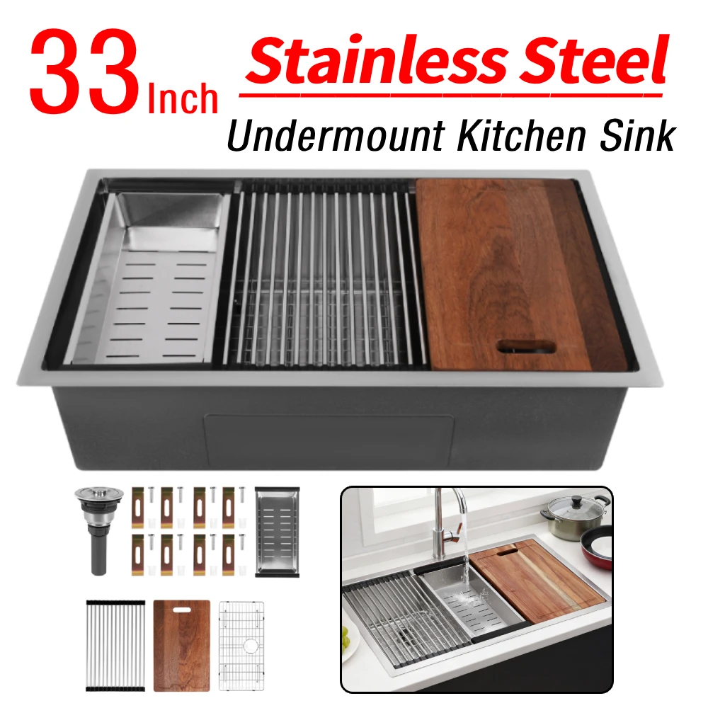 

16 Gauge Undermount Kitchen Sink with Bottom Grid Basket Strainer 33 Inch Kitchen Sinks Basin with Accessories Drop-In Sinks