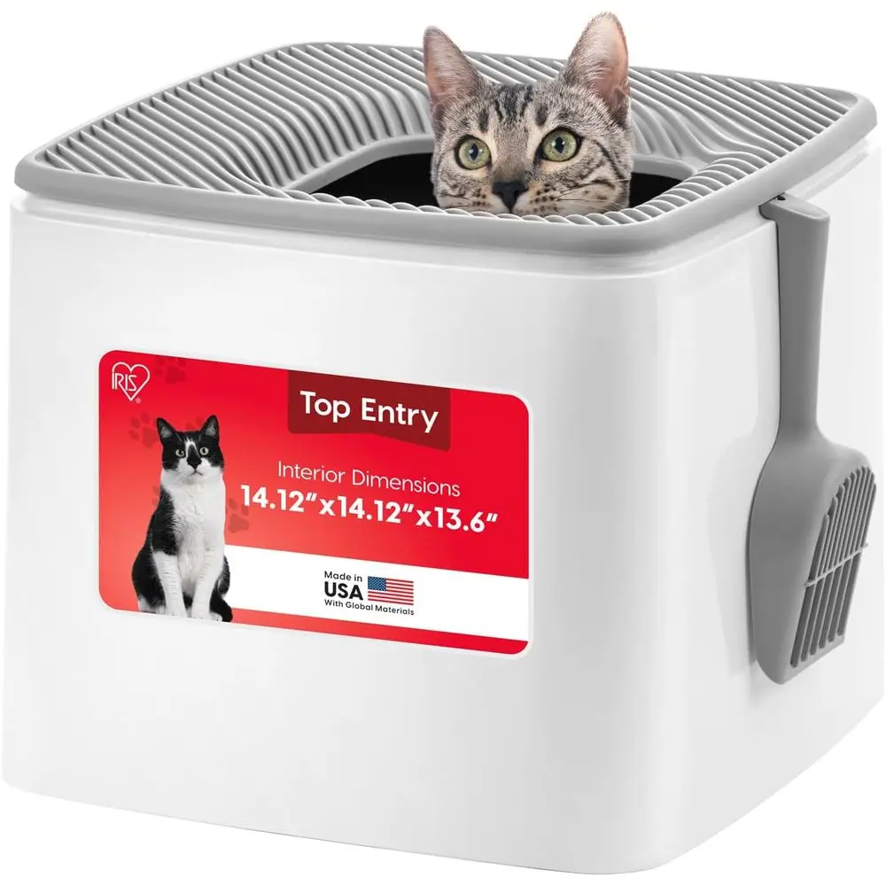 Top-Entry Square Litter Box with Odor Control, Enclosed Design, Easy Clean, White/Gray