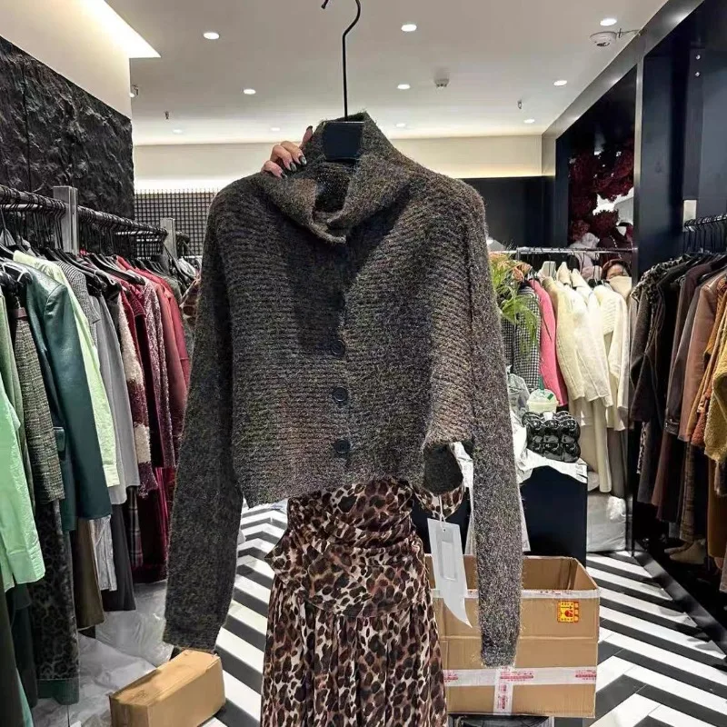 Herfst en winter luie stijl hoge kraag dichtgeknoopt losse paarse korte trui gebreid vest top