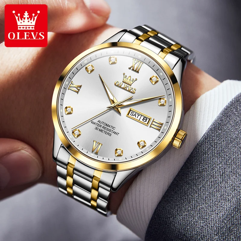 Olevs 9946 marca original relógio masculino duplo calendário display diamante escala romana relógio de pulso mecânico automático para homem