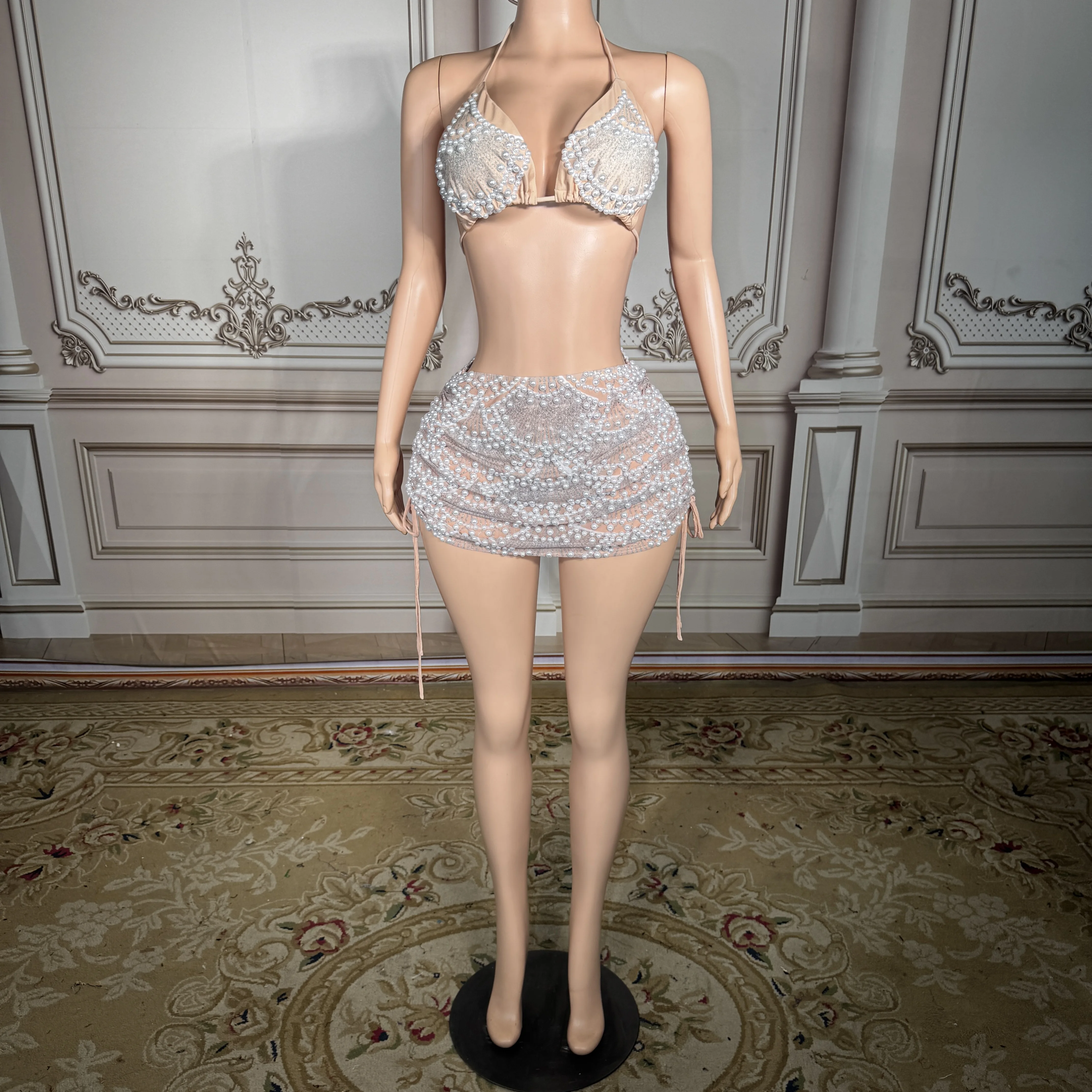 

ZD 2026 New Heavy Industry Nail Bead Printed Mesh Split Bikini Three Piece Set Swimwear Spicy Girl Sexy Vacation Beach Swimsuit