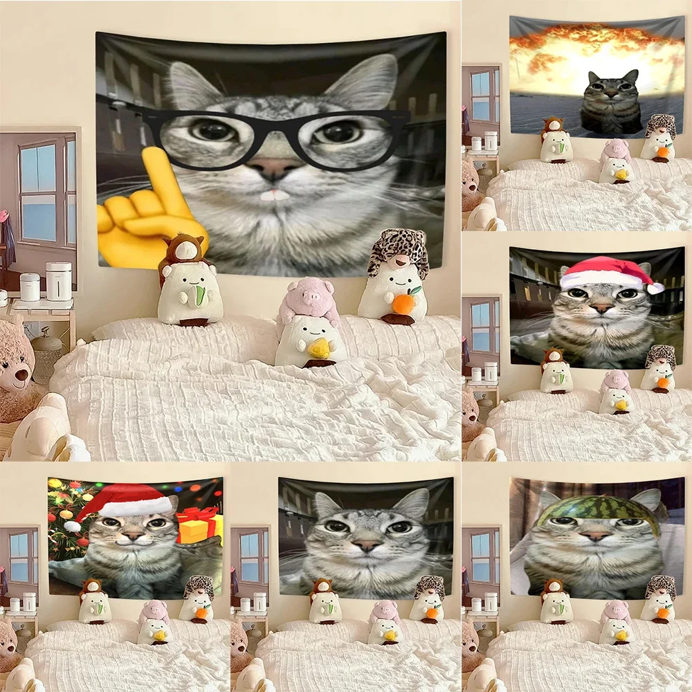 Funny Cat Meme Tapestry Kawaii Animal Home Decor Wall Hanging Bedroom Dorm Background Festival Gift