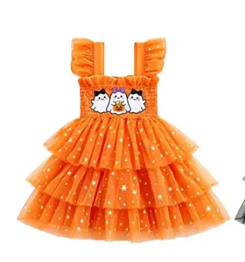 Ready To Ship Halloween Tulle Infant Toddler Children Tank Tops Tiered Clothes Embroidery Girls Pumpkin Dress