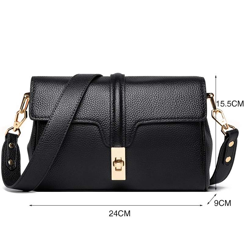 Genuine Leather Crossbody Bag Women Cowskin Shoulder Bags Designer Ladies Handbag Wide Shoulder Straps Messenger Bags Female