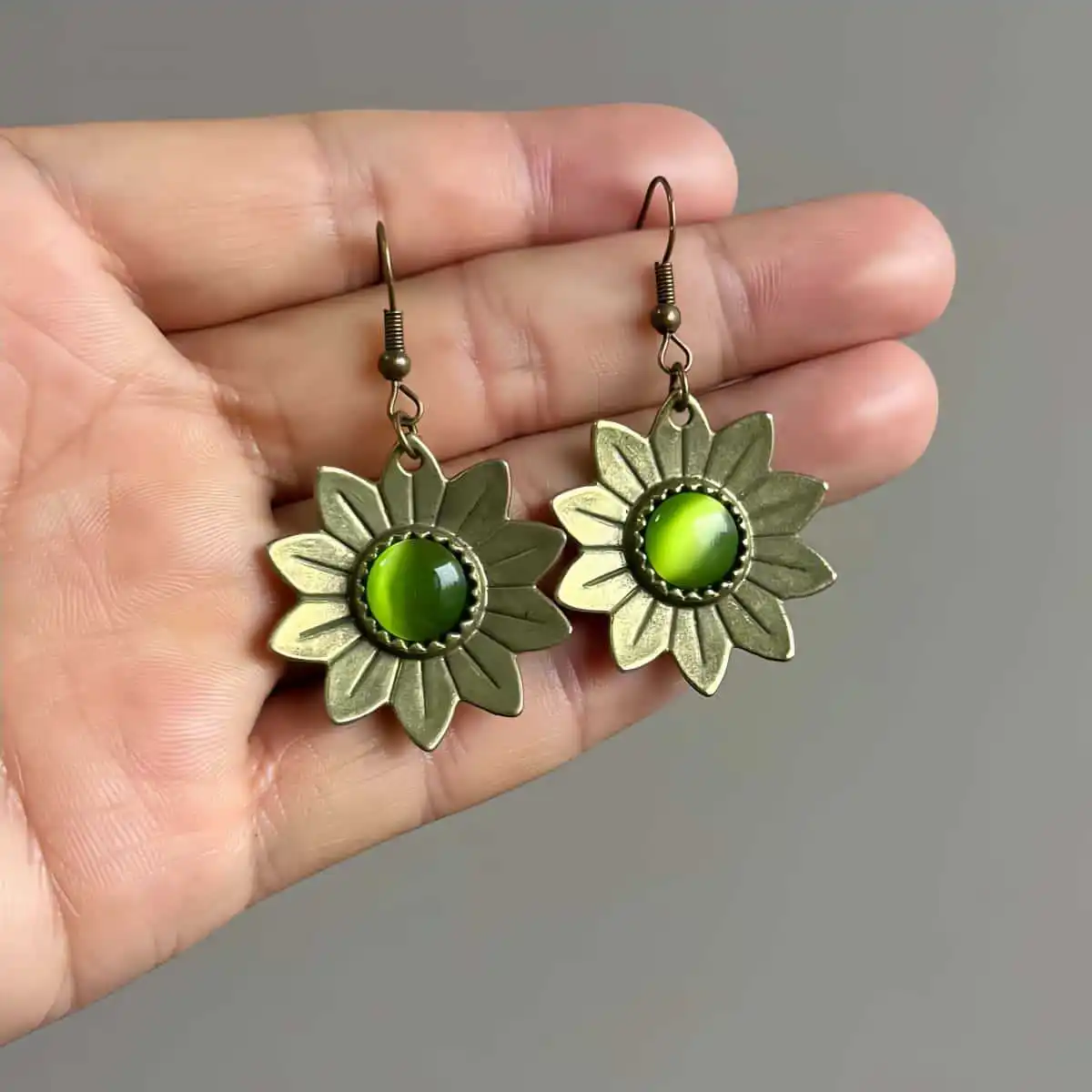 Green sunflower earring,vintage jewelry,Boho accessories,lotus,bronze color, mysterious,flowers,engraved,EarHook for Women Girl