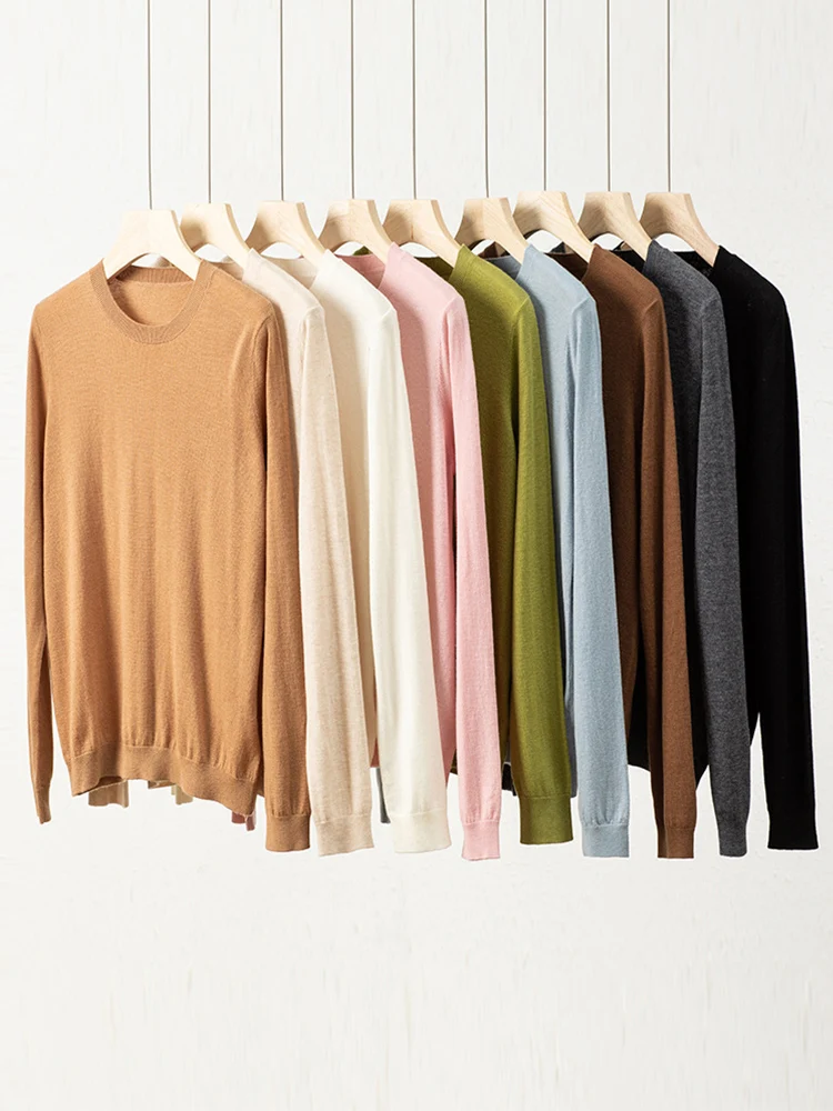 SuyaDream, Women Wool Pullovers, 100%Sheep Wool, Round Collar, Fine Yarn Plain Knit Sweaters, 2024 Fall Winter Basic Top