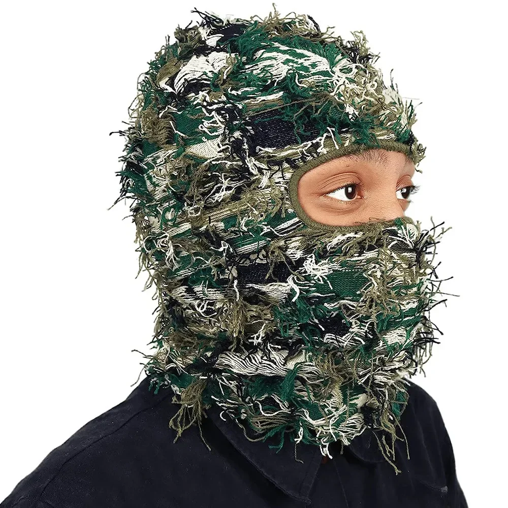 Balaclava Distressed Knitted Full Face Ski Mask Beanie Unisex Camouflage Balaclava Fleece Fuzzy Balaclava Winter Hat