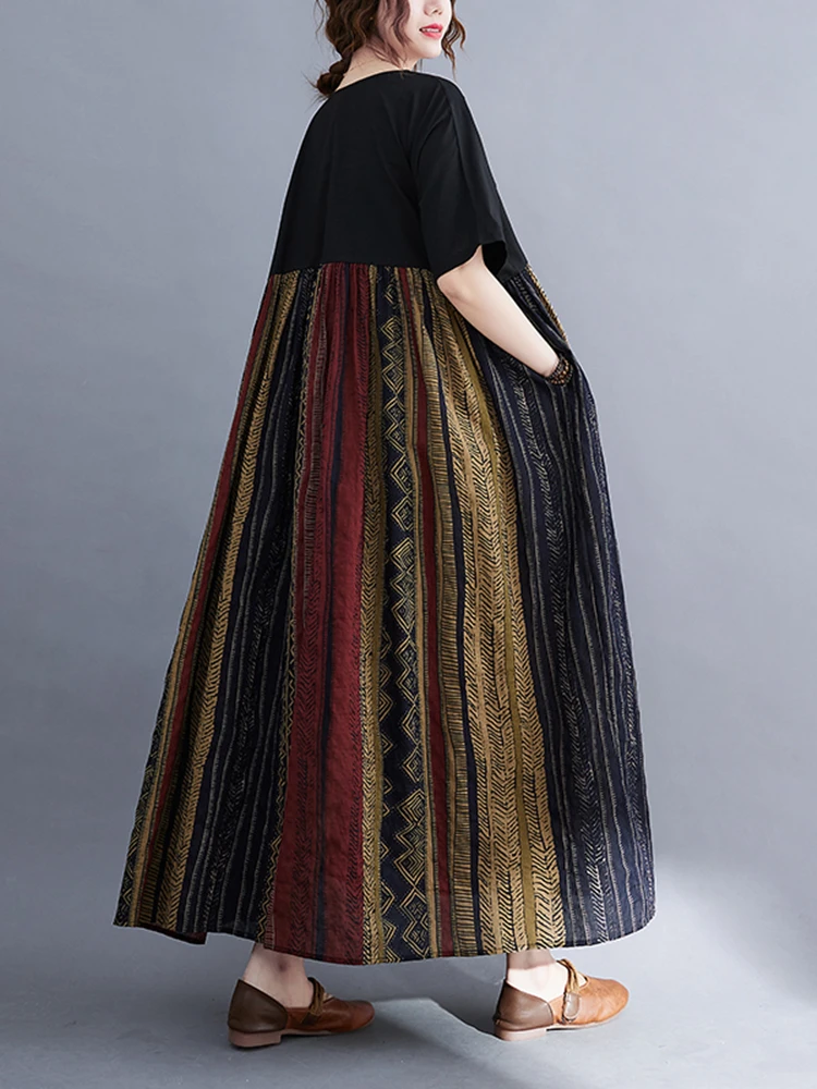 Patchwork Vintage Striped Dresses For Women New Short Sleeve Cotton Loose Casual Long Summer Dress Robe Elegant Clothing 2025