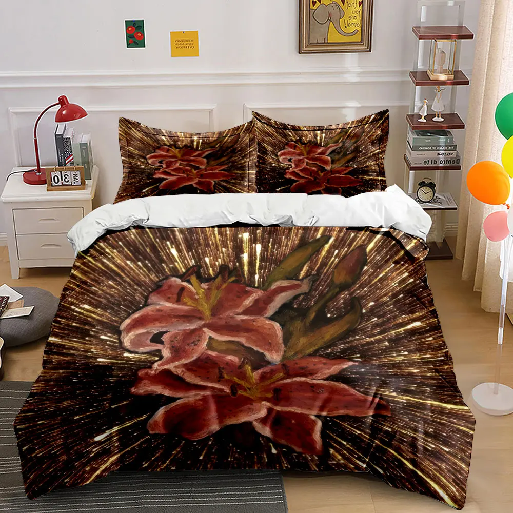 3Pcs Radiant Gold Stroke Red Lily Bedding Set, Oil Painting Floral Print Duvet Cover 2 Pillowcases Single Double King Queen