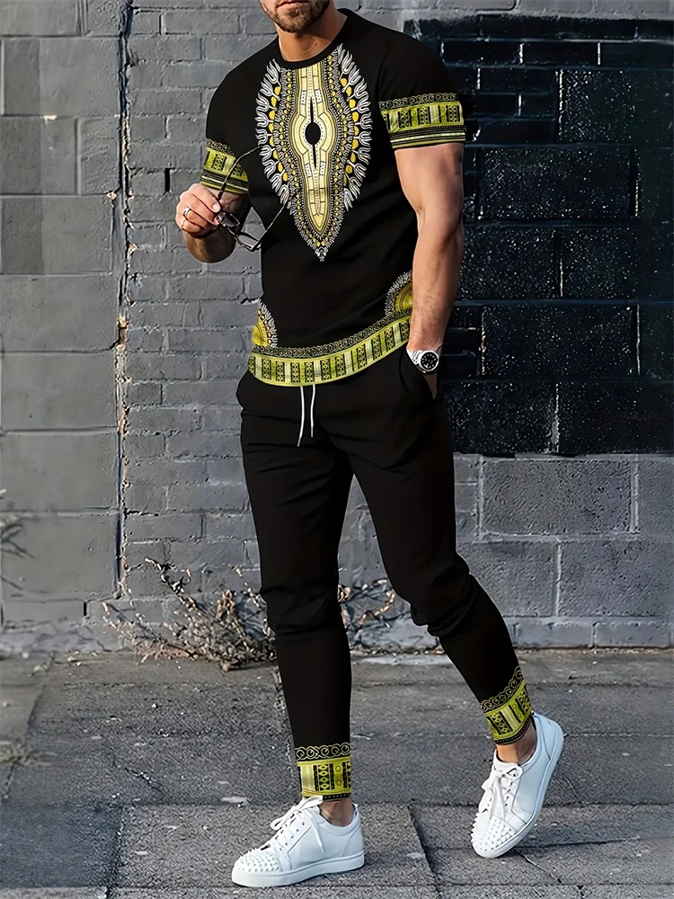 

Ethnic Style Autumn Men's Thin 2pcs Men's Set, Outdoor Street Fashion Casual Men's Short-sleeved Top And Pocket Shorts S-3XL