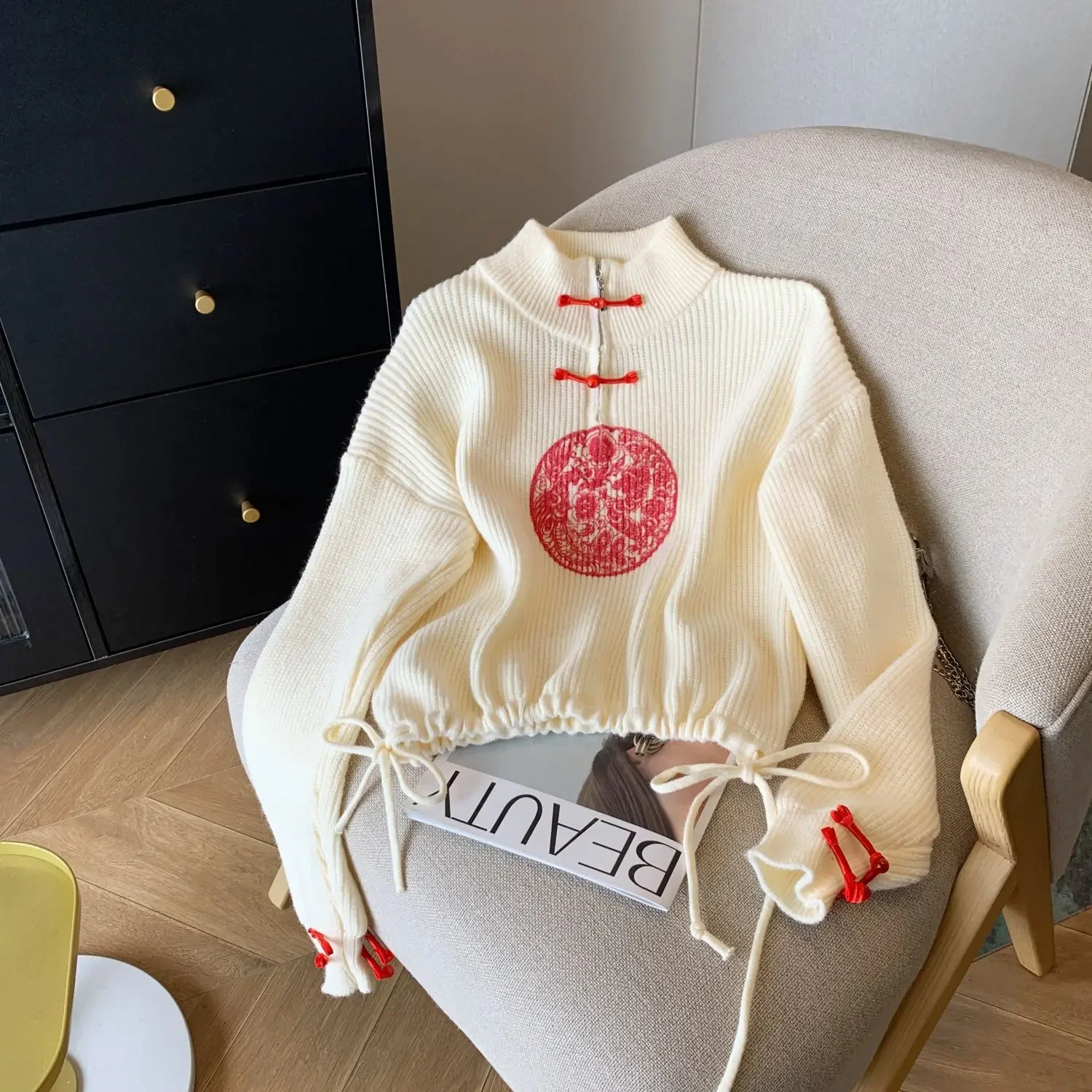 Suéter rojo de estilo chino para mujer, jerséis tejidos con botones Vintage para primavera y otoño, camiseta con cordón estampado para oficina para mujer