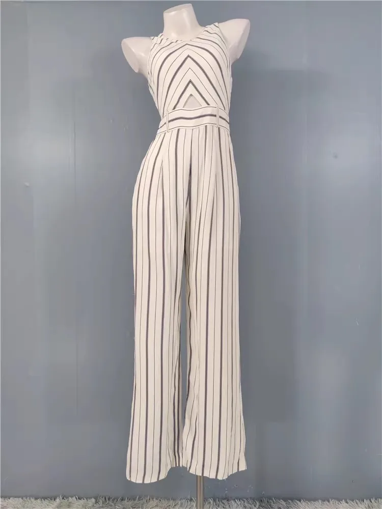 

Комбинезон Ele с высокой талией и широкими штанинами. Удобные длинные брюки в полоску. Высококачественный цельный костюм в белую полоску.