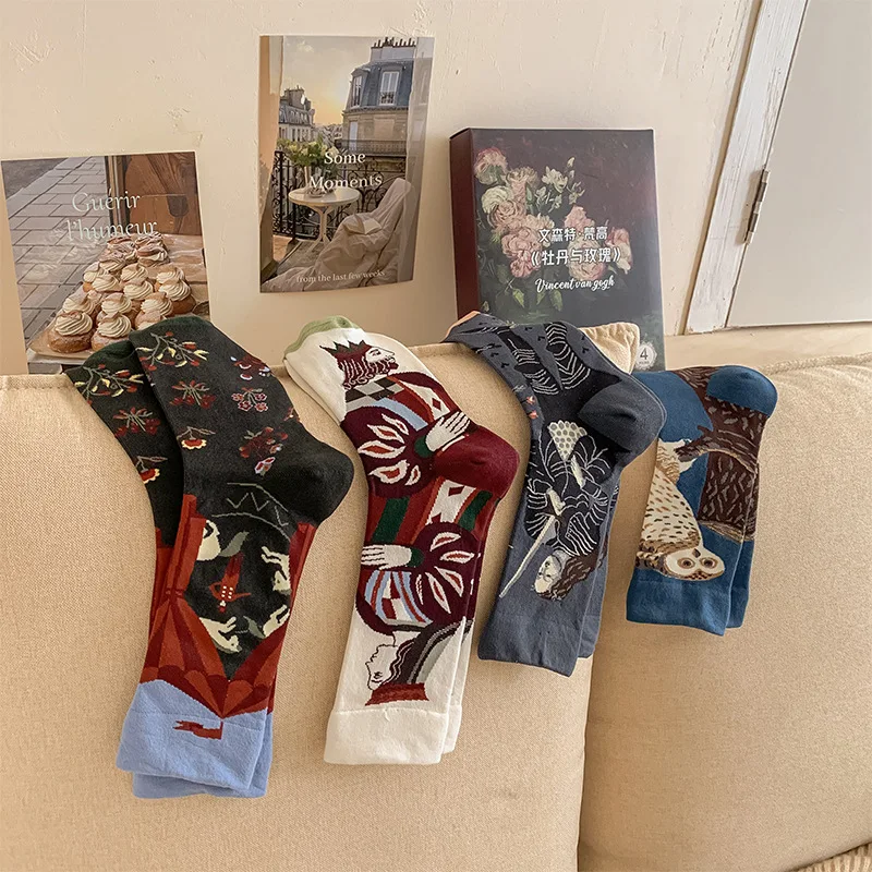1Pack/4 Pair Artistic Socks Woman Man Accessory Autumn Long Socks Famous Oil Painting Series Streetwear Socks Stocking with box