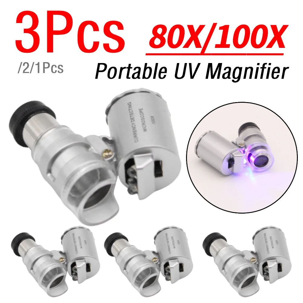 1/2/3Pcs 80/100X Portable UV Magnifier with LED Jewelry Appreciation Microscope Illuminated Folding Handheld Magnifying Glass