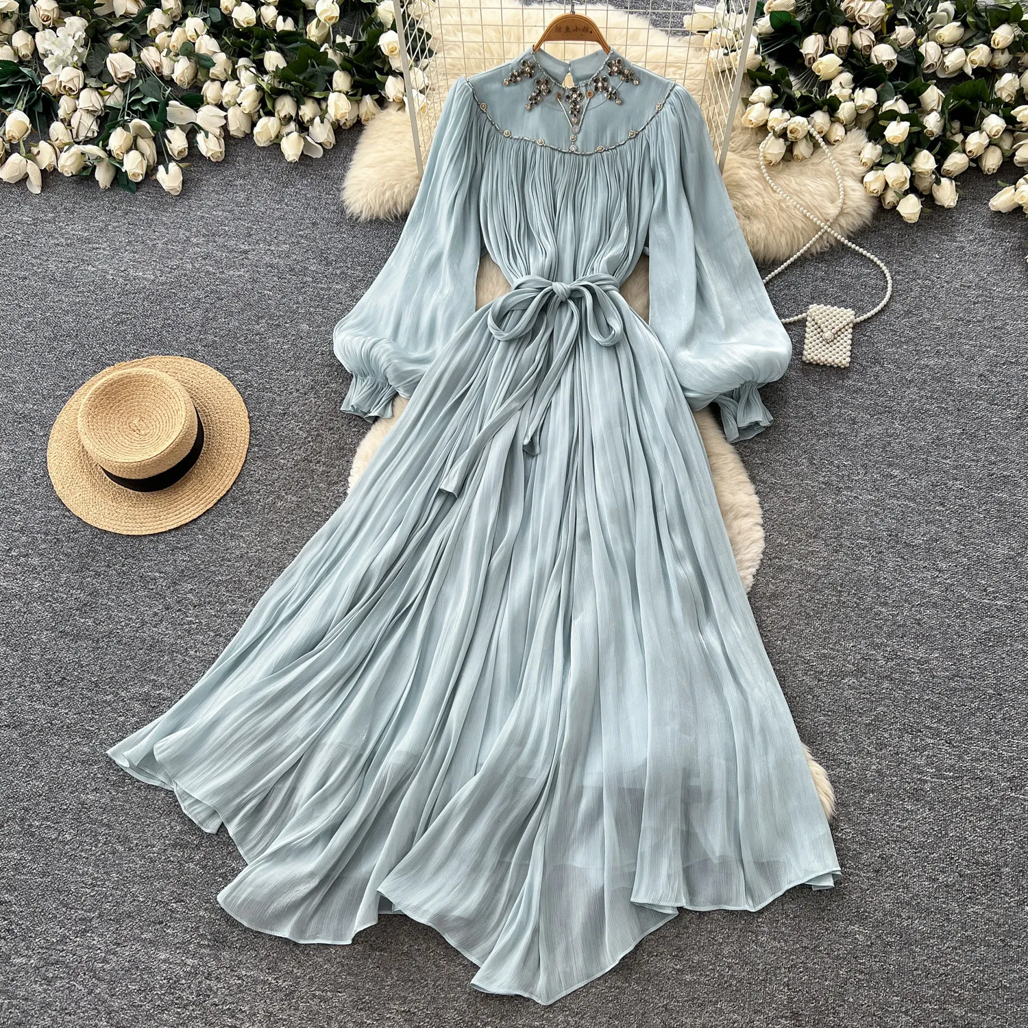Retro 3D-Blumen-Strass Elegantes Chiffon-Kleid A-Linie Laternenärmel Lässiges Schnürkleid mit Hoher Taille für Damen