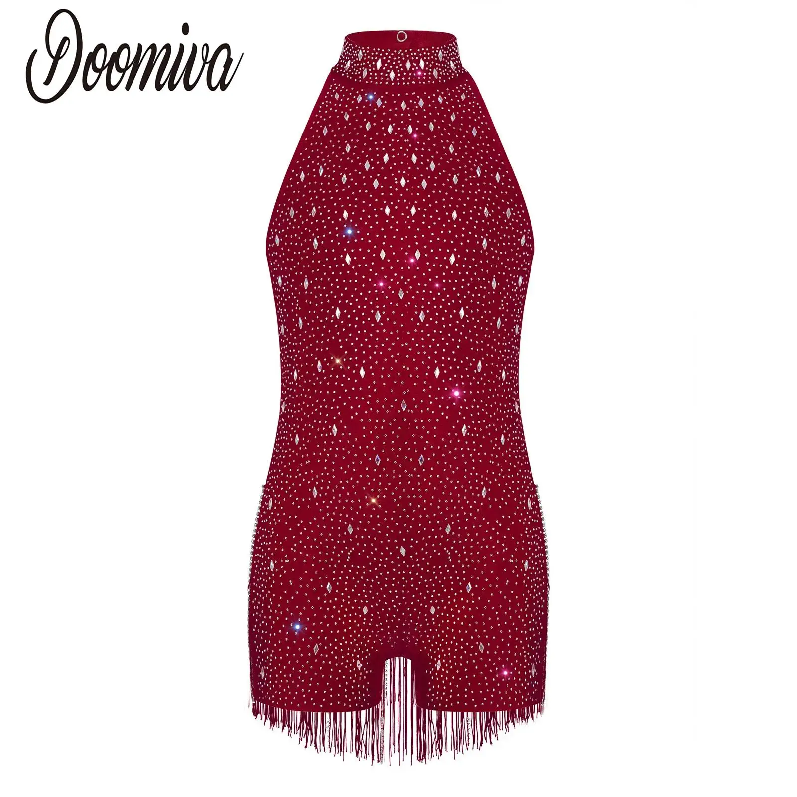 Dziecięcy kombinezon do tańca jazzowego z frędzlami, strój do tanga, cha-cha, latynoamerykańskich tańców, kostiumy sceniczne, body bez rękawów z wiązaniem na szyi, zdobione cyrkoniami.