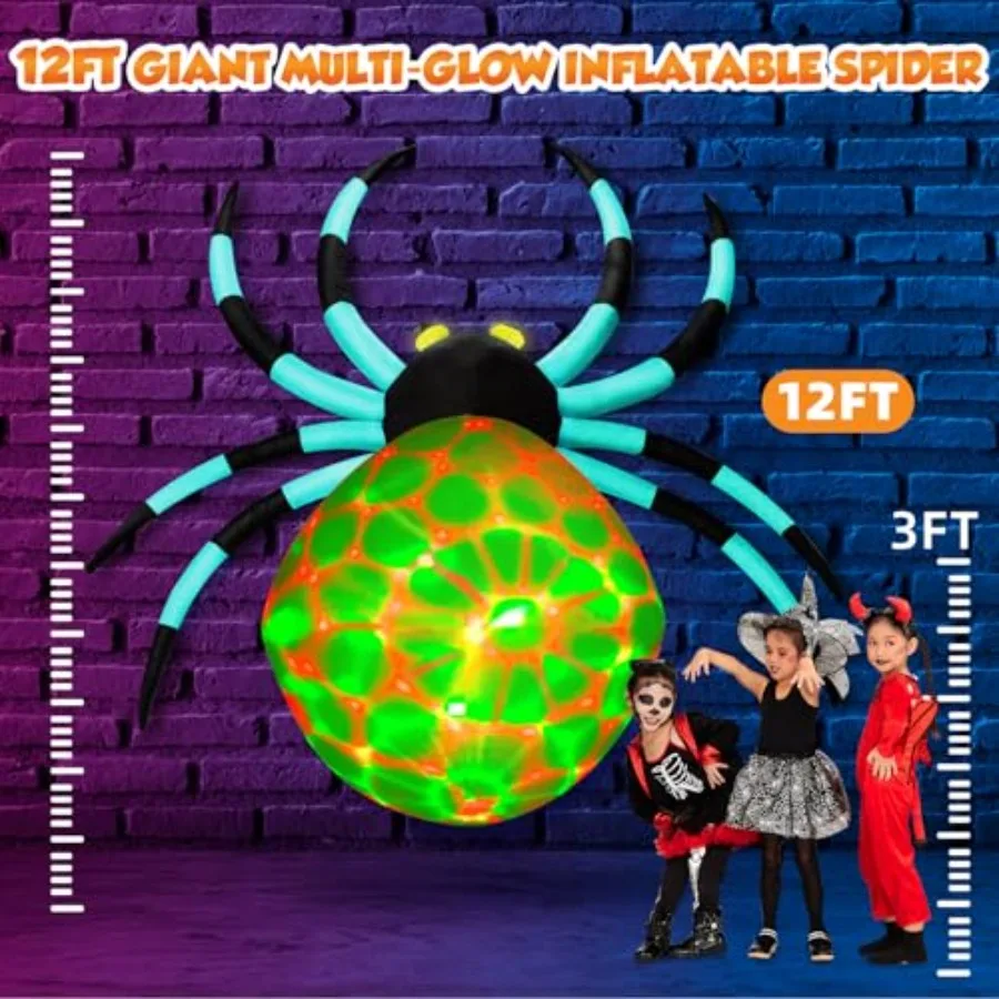 Outdoor Halloween decoration: cyan inflatable spider, 12ft giant, built-in 7-color-shifting eyes and 3-effect-flashing belly, w
