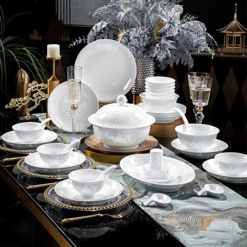 DZ-12 New Ceramic Jingdezhen Underglaze Color Tableware Set Bowls and Dishes Household Light Luxury Chinese White Porcelain Exqu
