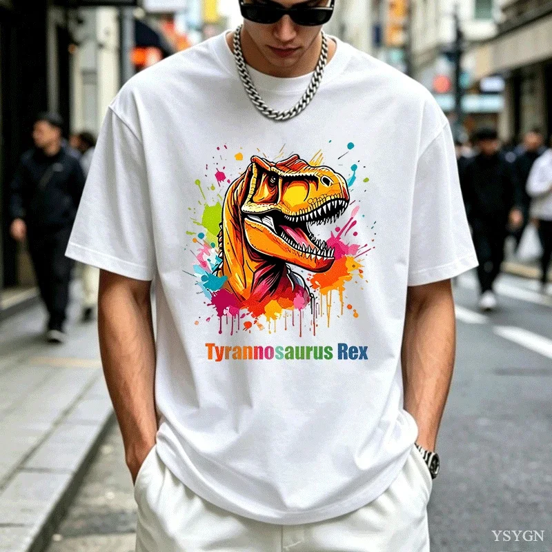Cool Dinosaur T Shirt Men Funny Rex with Sunglasses Retro Colorful Splash Print Casual Top Vintage Washed Streetwear Homme