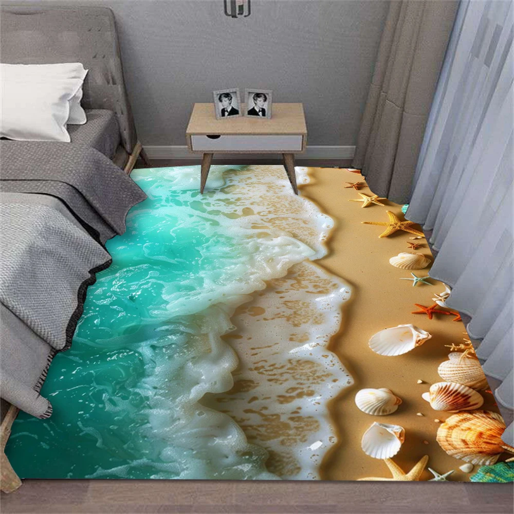 Sommerlicher Charme Wellen-Strand-Muschel-Teppich für Wohnzimmer Sofa-Deko Schlafzimmer-Teppich Küchen-Couchtisch-Bodenmatte Flur-Teppich