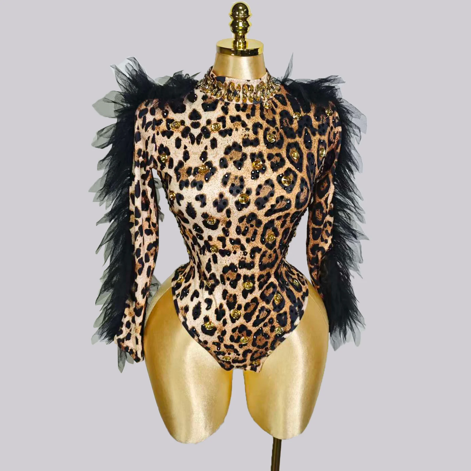 セクシーなレオパード柄ラインストーン付きブラックメッシュイベントコスチューム、女性用ボディストラス、ドラッグダンスステージ衣装、ナイトクラブ衣装