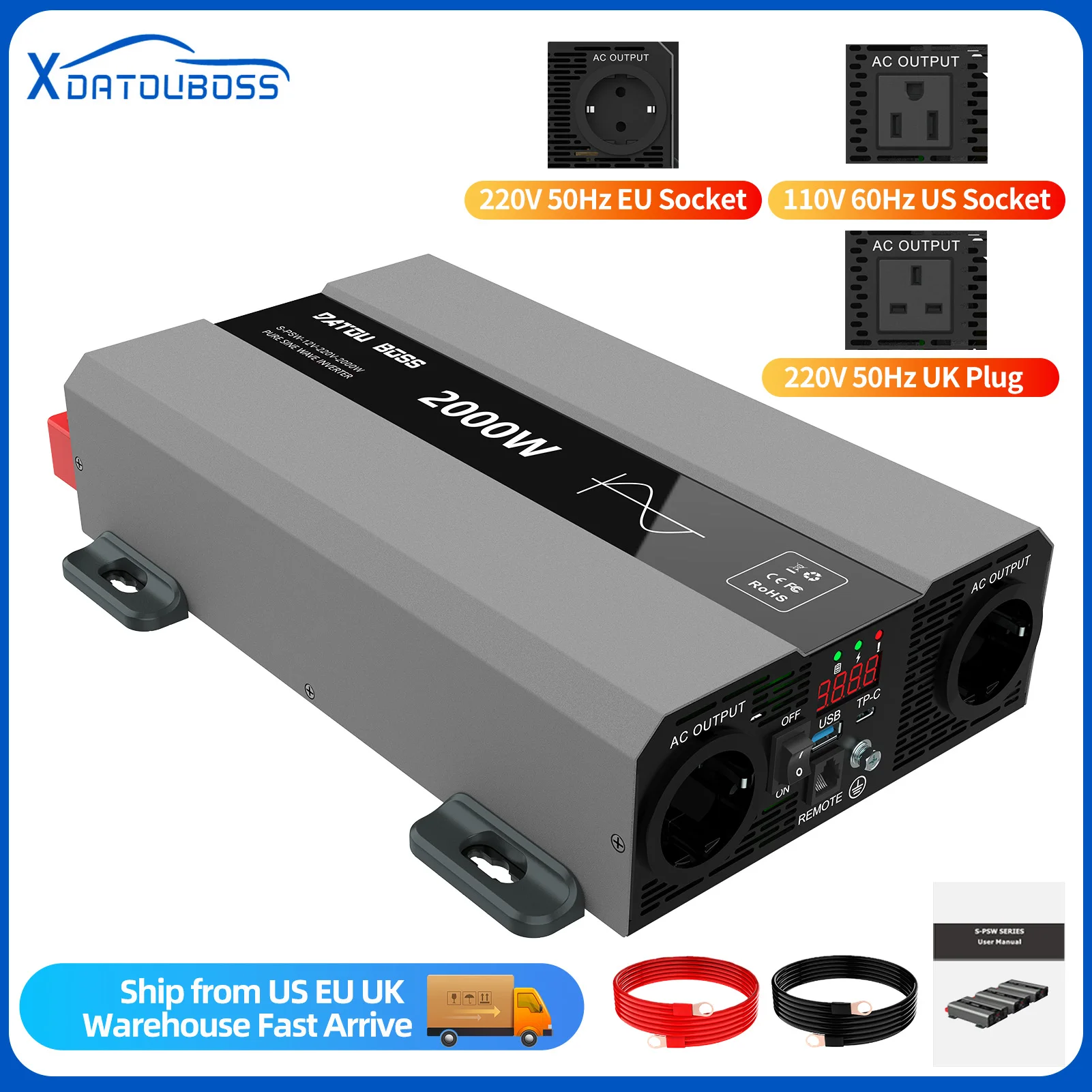 DATOUBOSS Pure Sine Inverter 12/24V to 110/220v Inverter DC to AC 