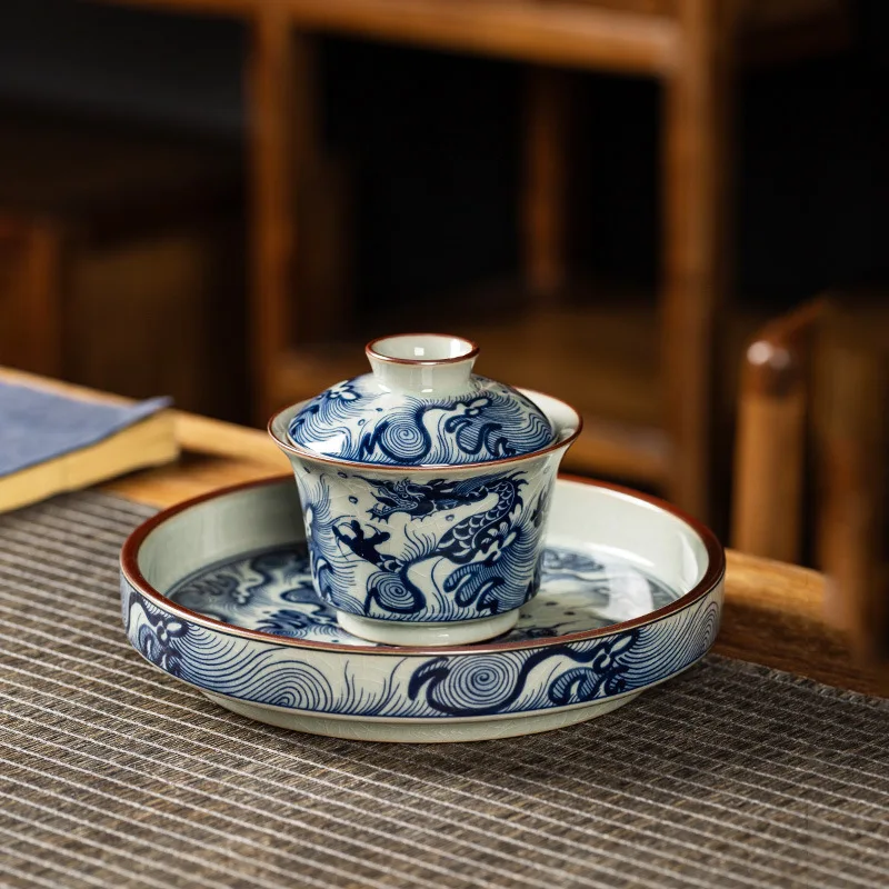 

High Quality Old Clay Blue and White Porcelain Fish Horseshoe Gaiwan Tea Cup Ink Color Brewing Bowl Ceramic Anti-Scald Set Suit