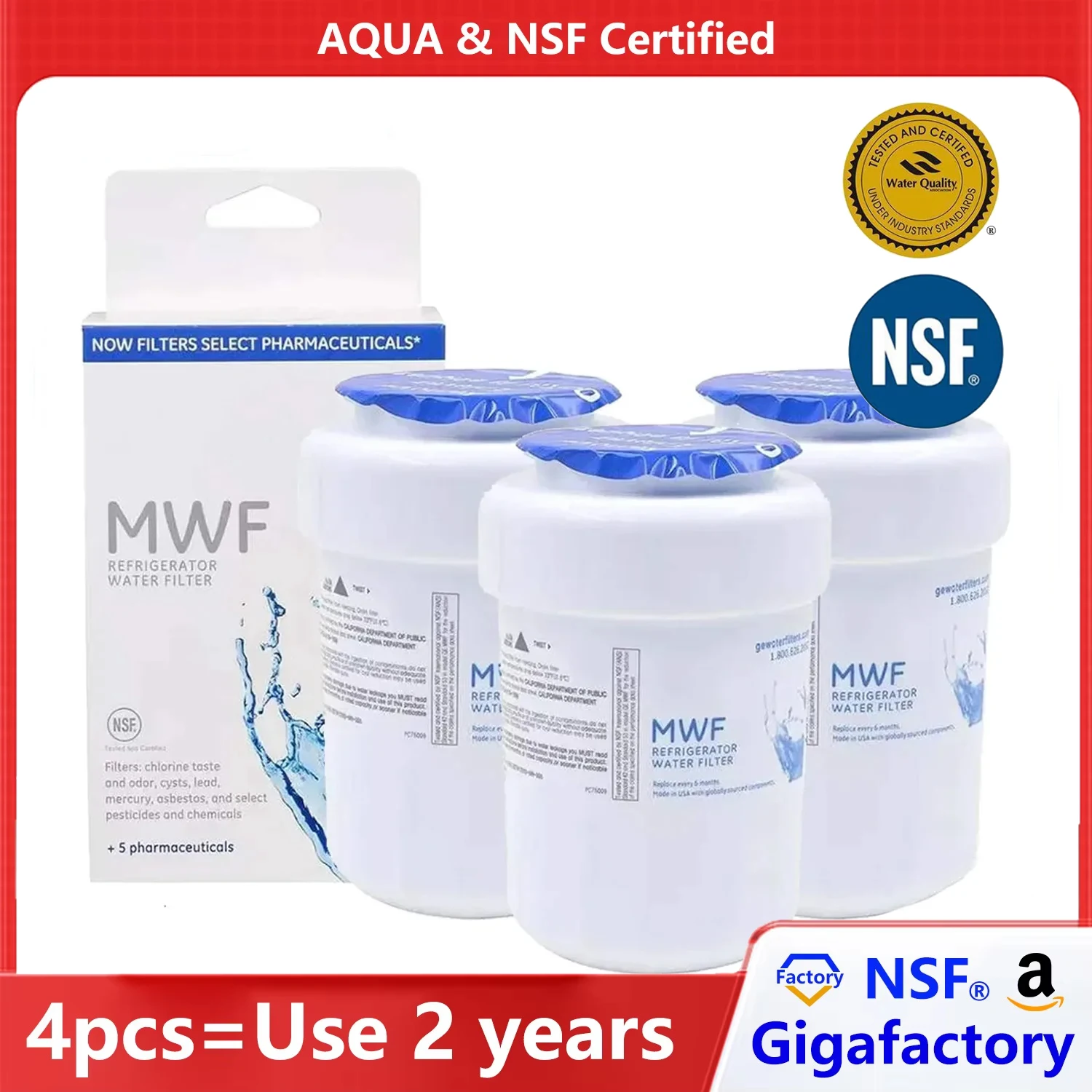 Water Filter for Refrigerator, NSF Certified Brand, MWF, MWFP, MWFA, GWF, HDX, FMG-1, WFC1201, GSE25GSHECSS, PC75009, New