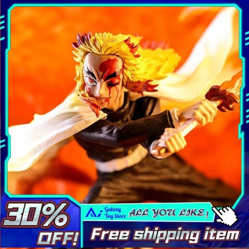 

27 см Demon Slayer Kyojuro Rengoku GK Статуя с пламенным дыханием Светящаяся функция ПВХ в штучной упаковке Сценическая модель Орнамент Коллекционная
