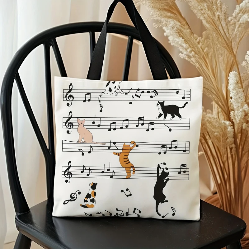 Cute Musical Note Cat Canvas Tote Bag Large Capacity Shoulder Handbag Fashionable Cartoon Cat Print Casual Grocery Shopping Bag